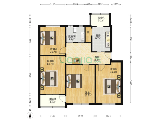 河北省直第一老干部休养所 4室1厅1卫 104平方