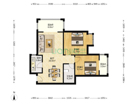双府新天地 2室2厅1卫 89平方