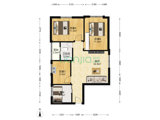 花园中心 3室1厅1卫 77平方