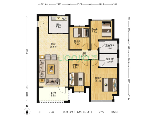 奥园首府壹号 4室1厅2卫 124平方