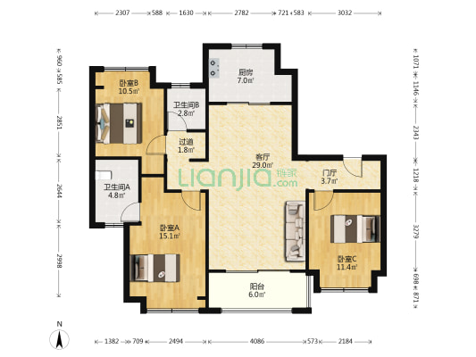 万科尊鹏雲著 3室1厅2卫 127平方