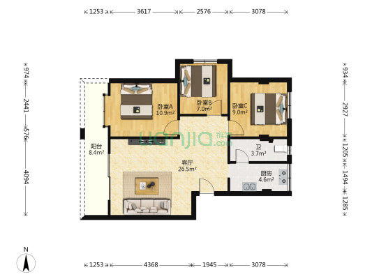 翠岸华庭 3室1厅1卫 87平方