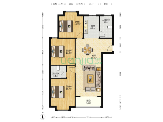 中成壹号花园 3室1厅2卫 129平方