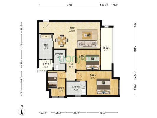 鲁能领秀城二期 3室1厅2卫 98平方