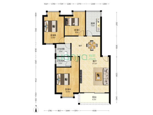 边防苑 3室1厅2卫 110平方