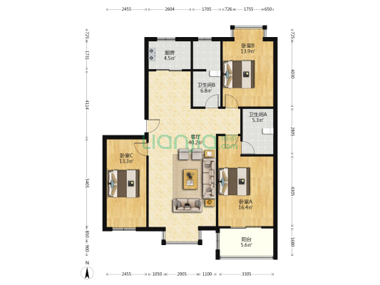 名流风景洋房南北通透三居，业主诚意出售。。。-户型图