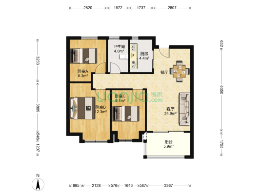 远洋香奈城三期 3室1厅1卫 95平方