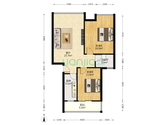 书香居 2室1厅1卫 80平方