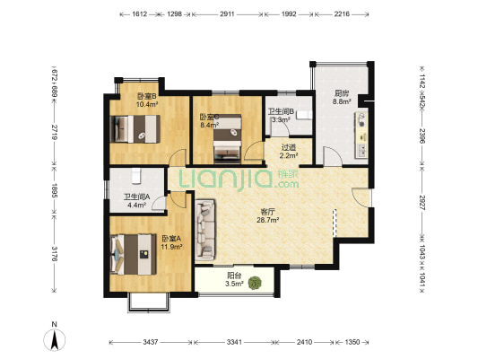 珑绣花园 3室1厅2卫 114平方