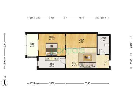 汇元上城 2室1厅 西-户型图