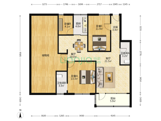 广州美术学院宿舍 3室2厅2卫 137平方