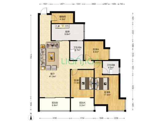 湖滨壹号花园二期 3室1厅2卫 126平方