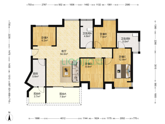 御玺山大峡谷一期 4室1厅2卫 114平方
