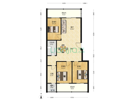 健康鑫苑 3室1厅1卫 109平方