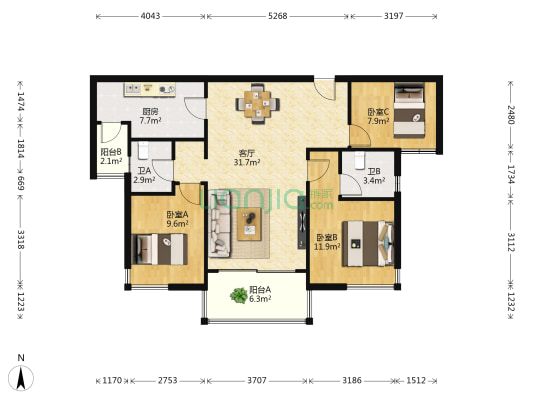 佳兆业云顶梅溪湖1期 3室1厅2卫 110平方
