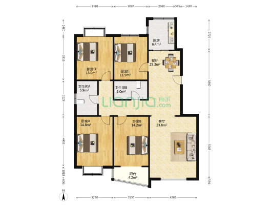 景秀苑北区 4室2厅2卫 164平方