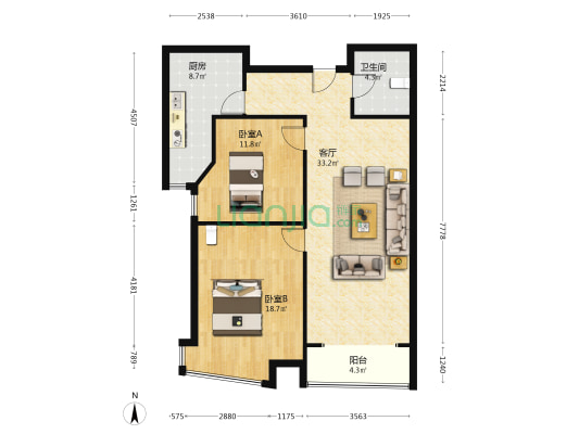 两居双卫，满二税费少，精装修。-户型图