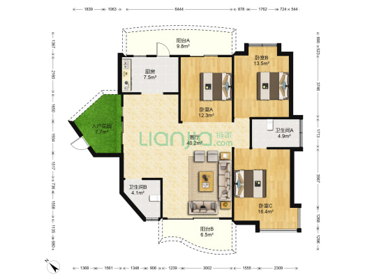 美伦浩洋丽都B区 3室1厅2卫 145平方