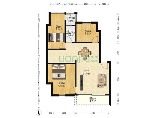 悦和路六巷4号 3室1厅2卫 89平方