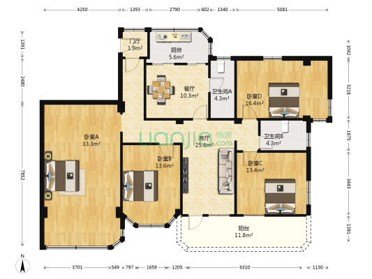 汾江中路136号 4室2厅2卫 167平方