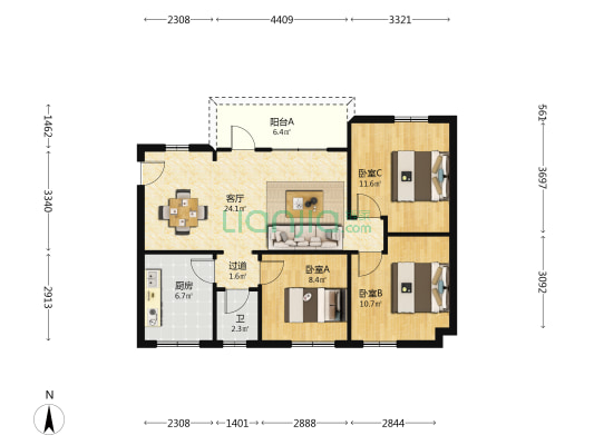 长安花园 3室1厅1卫 87平方