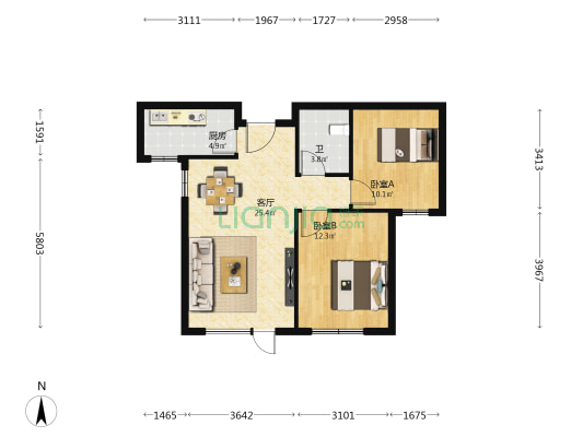 唐宫原著名邸 2室1厅1卫 91平方