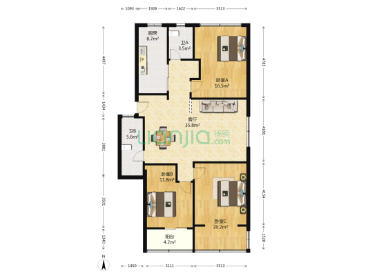 成达花园 3室1厅2卫 120平方