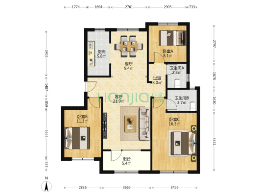 南益名士华府 3室2厅2卫 114平方