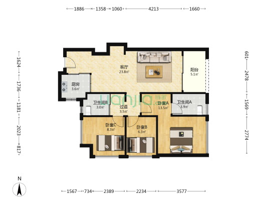 万科金域学府 3室1厅2卫 91平方