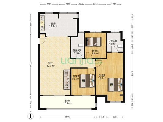 龙湖天宸原著 3室1厅2卫 127平方