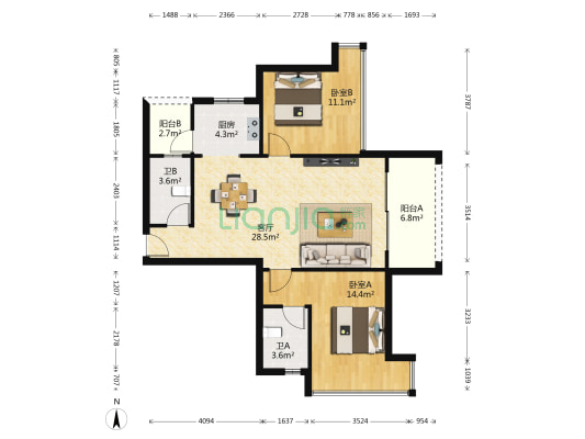 瑞泽华府 2室1厅2卫 89平方