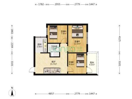 穗发花园 3室1厅1卫 67平方
