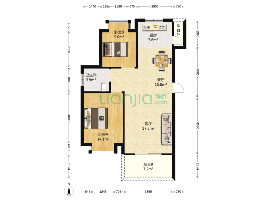 现代同心阁 2室2厅1卫 90平方