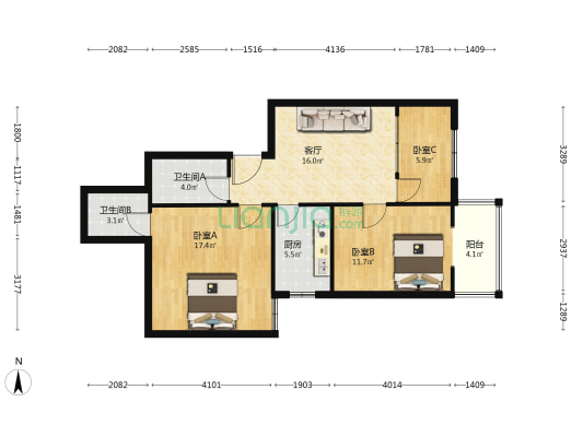 硕丰园 3室1厅2卫 89平方