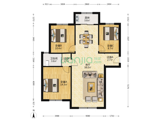 高层三室120平户型方方正单位建设品质保证-户型图