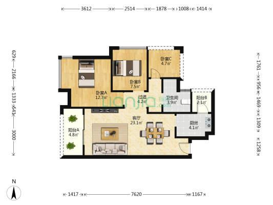 富贵豪庭 3室1厅1卫 78平方
