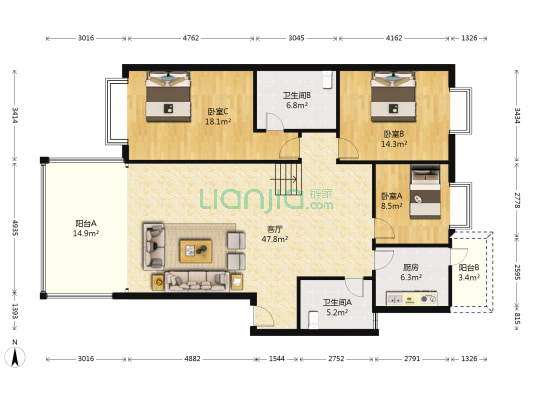 丽景时代 3室1厅2卫 130平方