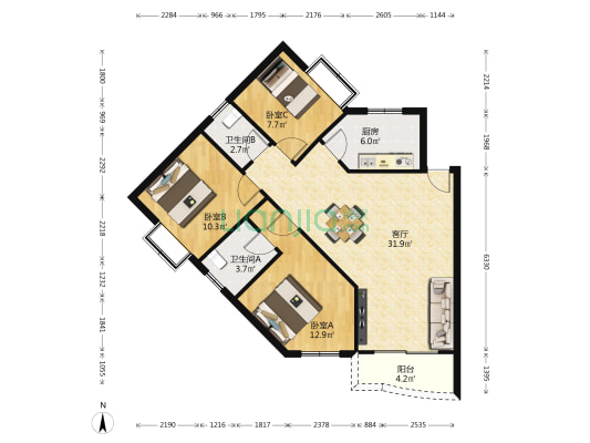 宏康花园二期康晖苑 3室1厅2卫 99平方