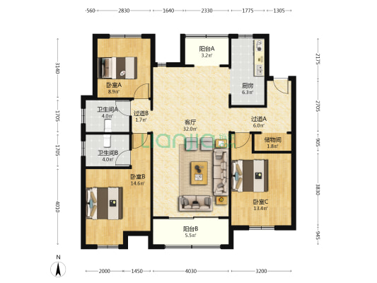绿水华亭 3室1厅2卫 137平方