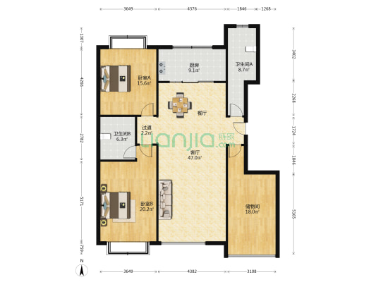 白领公寓 2室1厅2卫 166平方