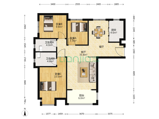永丰乐城阳光里 3室1厅2卫 120平方
