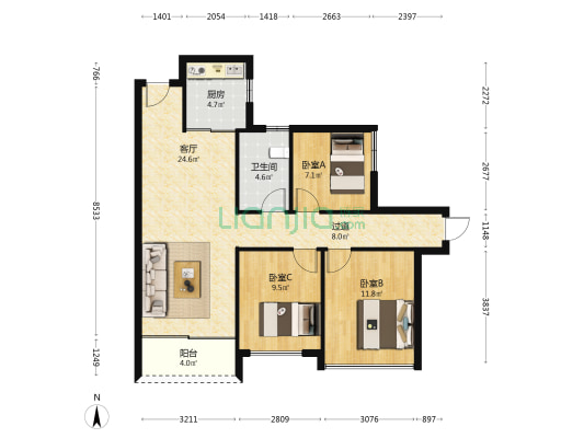 森田阁 3室1厅1卫 90平方
