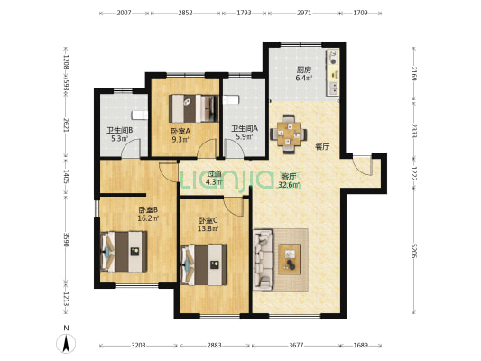 高新绿城玉兰花园润园 3室1厅2卫 136平方