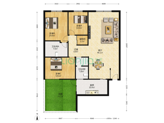 平安小区 3室1厅2卫 146平方