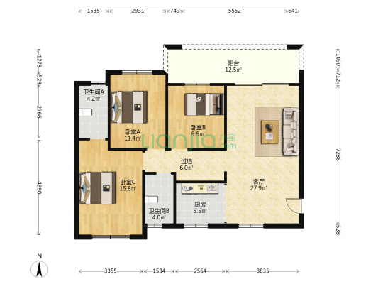 兴进漓江悦府 3室1厅2卫 106平方