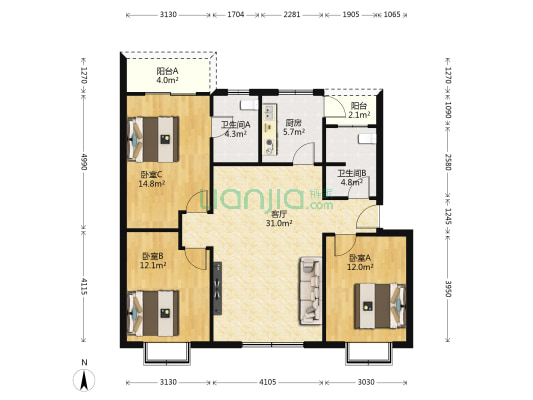 鑫诚花园三期 3室1厅2卫 107平方