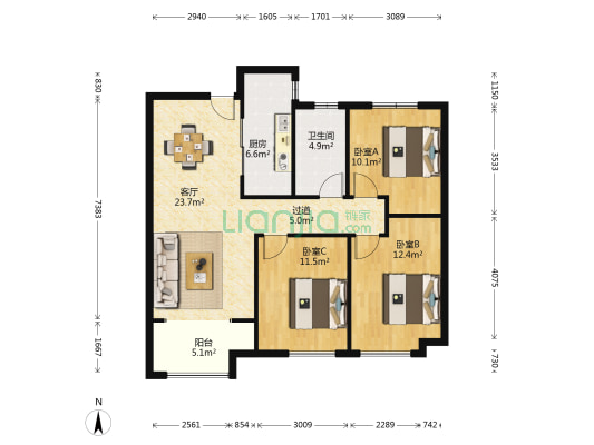 鸿锦城罗曼尼 3室1厅1卫 84平方