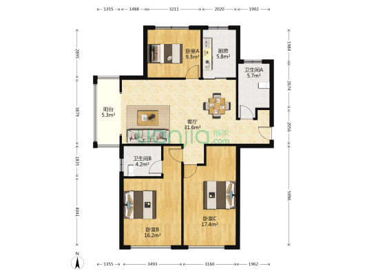伊顿蓝庭 3室1厅2卫 128平方