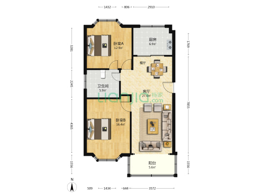 剑南家园 2室1厅1卫 91平方