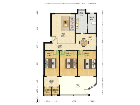 江西交通学院宿舍 3室2厅1卫 113平方